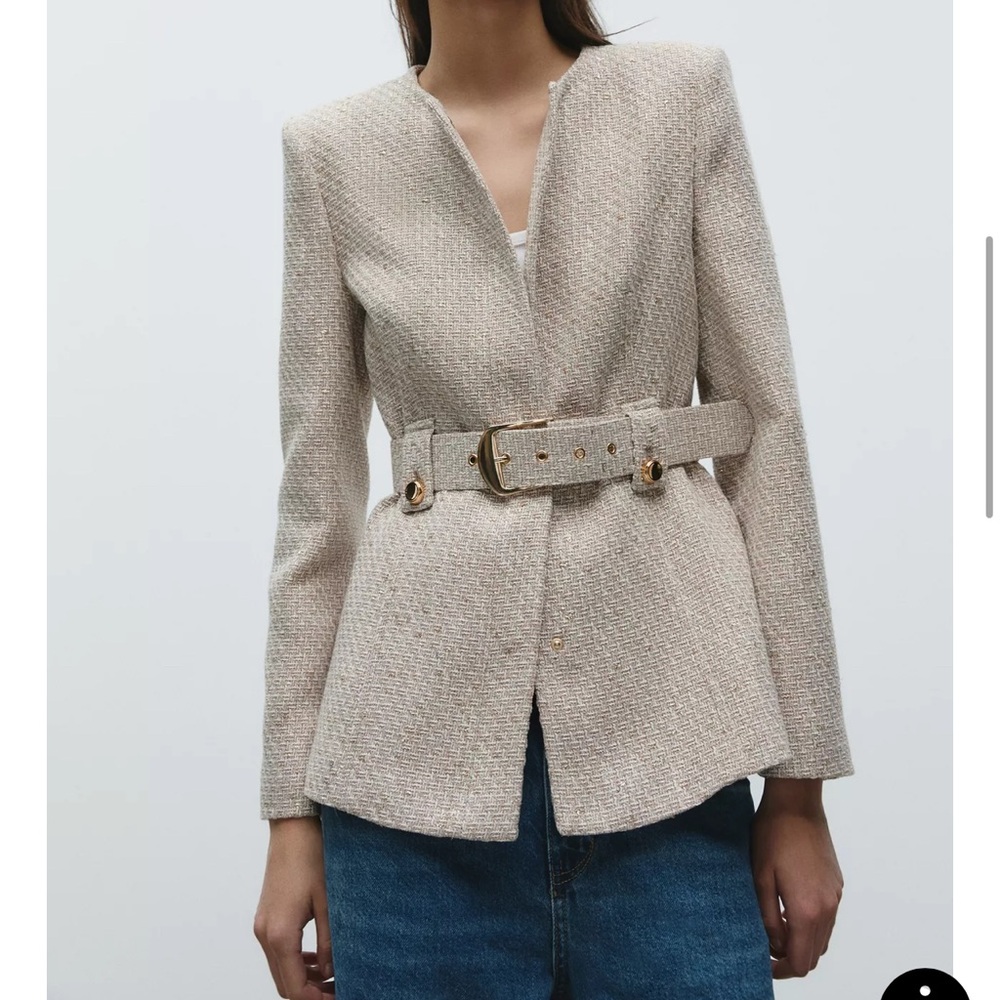 Zara Beige Textured Women's Blazer with Belt